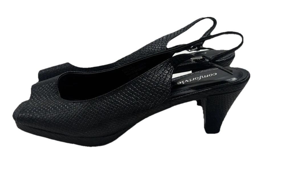 Comfortview Women’s Slingback Heels Open Toe Black Snake Embossed Size 9.5 WIDE